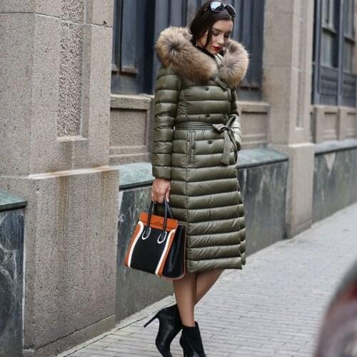 Real Fur Winter Down Jacket Women Hood Coat 2021 Brand New Big Raccoon Fur Collar Army Green Casual Long Slim Warm Women Parka