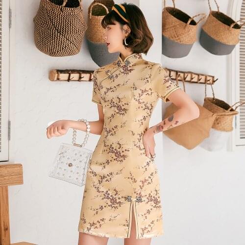 Oversize 3XL Women Gold Qipao Elegant Chinese Traditional Evening Party Dress Satin Slim Flower High Split Cheongsam Vestidos