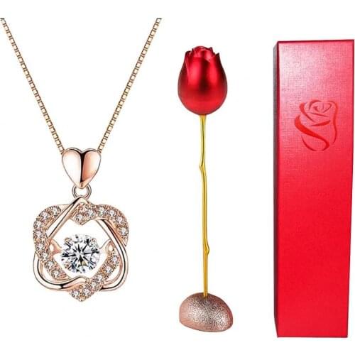 Fashion High Quality Rose Flower Jewelry Packaging Cubic Zirconia Necklace For Women Trend Alloy Gift Box Wedding Birthday Gift