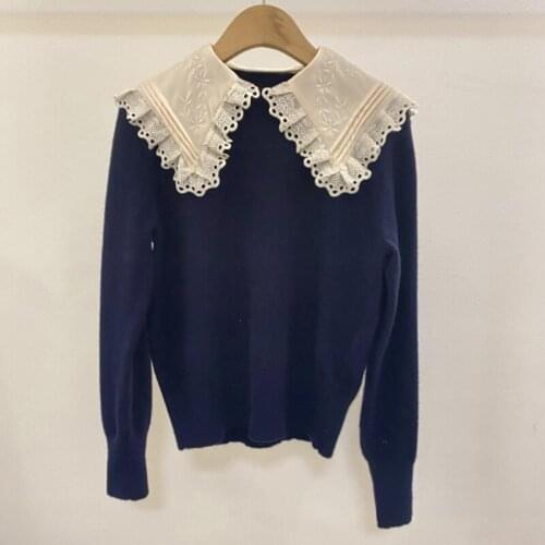 French s familys new womens dress in autumn and winter 2020 baby collar embroidery stitching contrast Pullover Sweater T-shirt