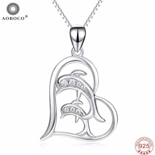 18 inches 925 Sterling Silver Love Heart Double Jumping Dolphins Pendants Necklaces Crystal Jewelry Necklace For Women PYX0119