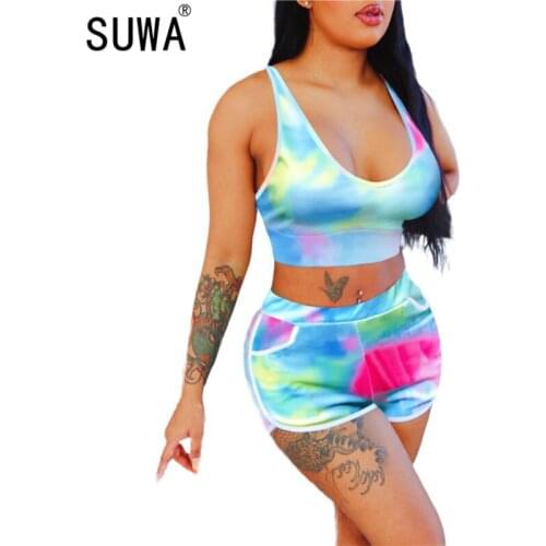 2020 hot recommend simple tie-dye sleeveless crop top and hot shorts 2 pieces set high street lady fashion women outfits