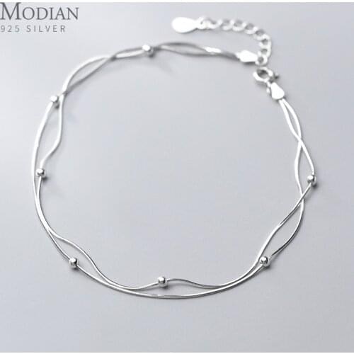 Modian High Quality Double Layer Snake Chain Anklet for Women Girl With Heart Lobster Clasp Fit Beads Charm Anklet Fine Jewelry