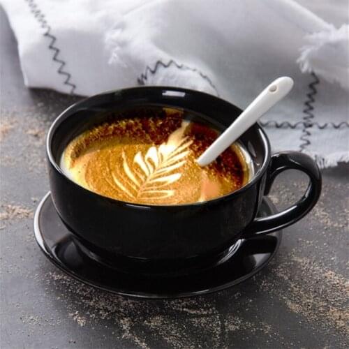 Black Ceramic Coffee Cup Saucer Spoon Set Mug Latte Cappuccino Milk Tea Cup Simple European Style Home Cup Drinkware كوب لاتيه