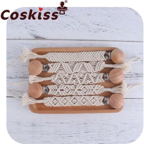 Coskiss Crochet Baby Pacifier Clip Chain Woven Cotton Rope Beech Wood Pacifier Clip DIY Dummy Nipple Holder Baby Teething Toy
