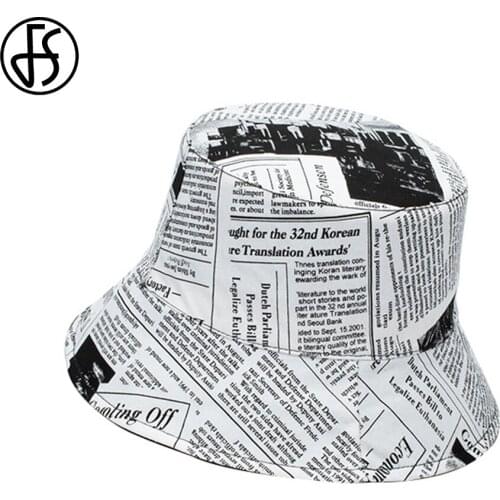 FS 2021 Summer Personality Newspaper Print Hip Hop Double-sided Bucket Hats For Women Men Black White Sun Shade Fisherman Hat