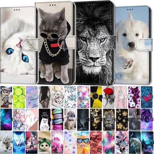 Etui Flip Leather Phone Case For Moto E6 Play E7 Plus G9 Play G8 Power Cute Cat Lion Pattern Wallet Card Holder Stand Cover
