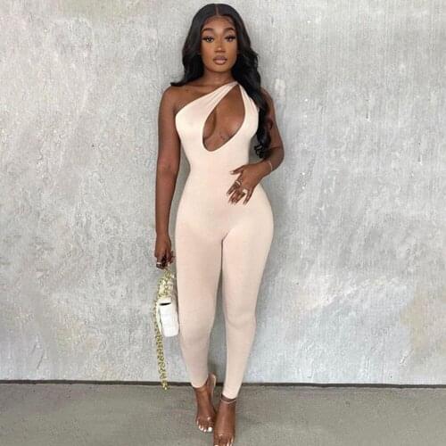 Inclined Shoulder Sexy Slim Rompers Womens Jumpsuit 2021 Hollow Out Front Sleeveless Skinny Overall Elegant Bandage Slim Outfit
