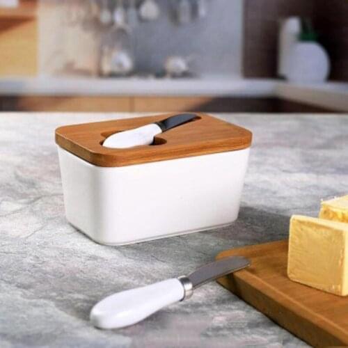 Butter Box Nordic Box Sealing With Wood Lid Knife Food Dish Ceramic Keeper Tool Cheese Tray Plate Kitchen Storage Box