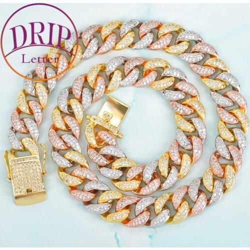 12mm Mixed Color Cuban Necklace For Men Hip Hop Jewelry Copper Material CZ Clasp Chain Link 16-28inch