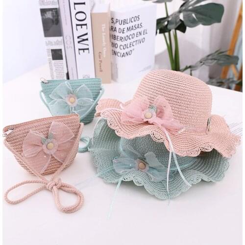 Summer Child Straw Hat And Handbag Bags Sets Outdoor Kids Holiday Beach Girls Baby Cute Lace Flowers Sun Hat Panama Cap Gorros