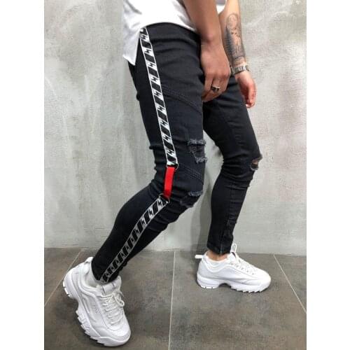 Independent station foreign trade cross border jeans supply mens perforated small foot pencil pants