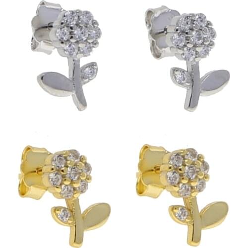 Sweet sterling silver earings 925 women delicate flower leaf stud earring fashion jewelry cubic zirconia cute flower shape studs