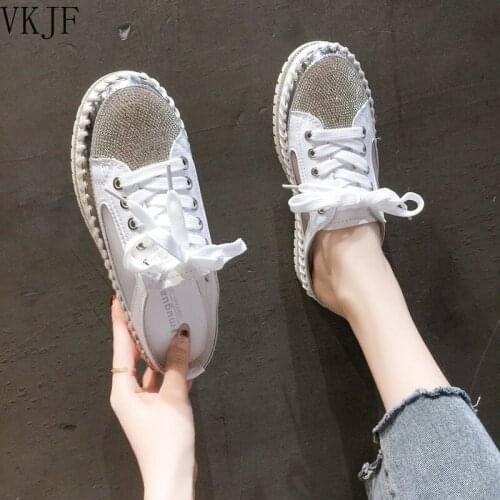 Diamante Womens Stitching Soled Round Toe Slippers Women Flat Platform Shoes Woman Casual Lace Up Sports Mules Slippers Shoes