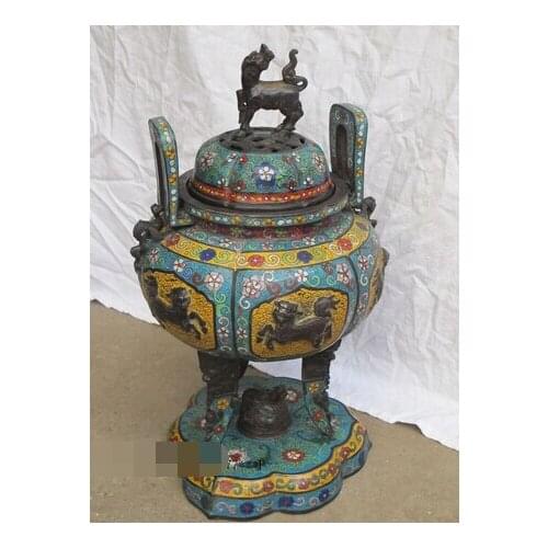 Xd 003162 18"Qianlong Regius Cloisonne bronze beautiful 7 Kylin 6 Lion 3 dragon censer