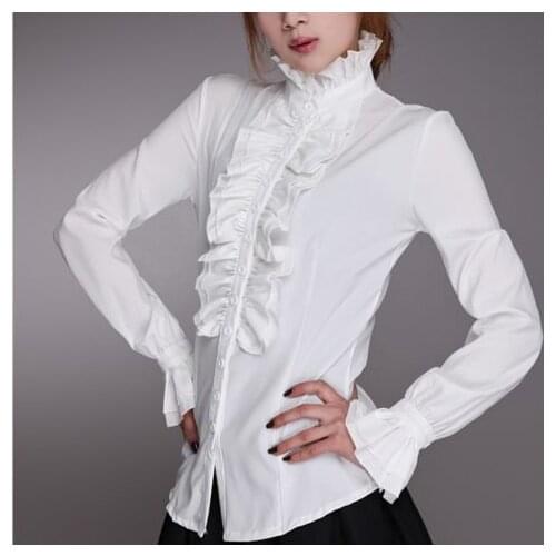 Women OL Office Lady Shirt High Neck Frilly Ruffle Cuffs Shirt Blouse