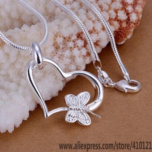 P090_2 Lucky Charm Silver Color Pendants For Women Sterling Jewelry Necklace Accessories Fashion Pendant Butterfly Hanging Heart