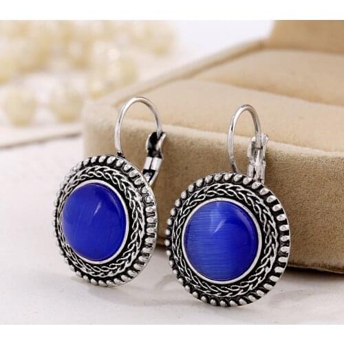 2018 Boho Ethnic Blue Opal Ear Clips Earrings for Women Clip On Earring Round Antique Silver Color Earings For Girls