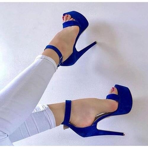 Moraima Snc newest Royal Blue Suede High Heel Sandal Sexy Open Toe Ankle Strap Woman Shoes Summer Super High Party Dress Heels