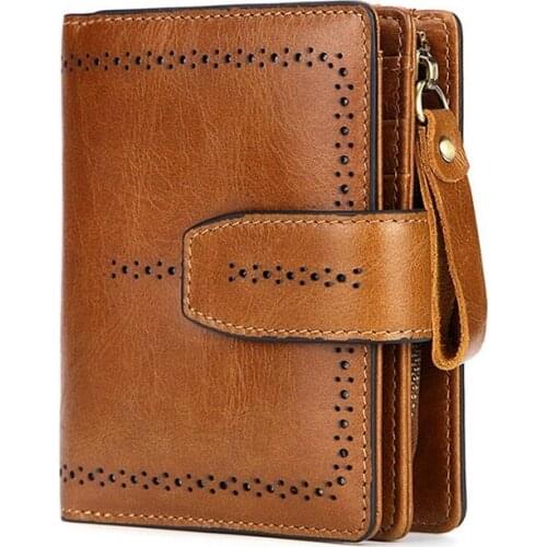 Ladies wallet new style RFID leather wallet Ladies short zipper bag oil wax leather card holder