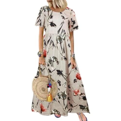 50% Hot Sales Flower Printed Short Sleeve High Waist O Neck Women Maxi Dress Sundress for Party