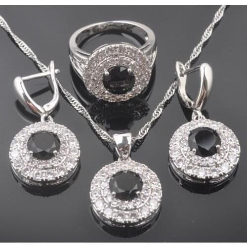 Dubai Style Black Stone Cubic Zirconia Womens Wedding Silver Color Jewelry Sets Earring And Necklace Sets Pendant Rings QZ0270