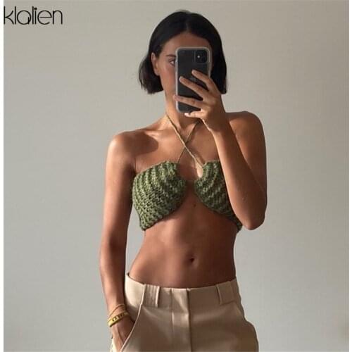 KLALIEN Summer Sexy Solid Knit Bandage Hollow Out Backless Women Camisole 2021 New Party Vacation Street Clubwear Female Top