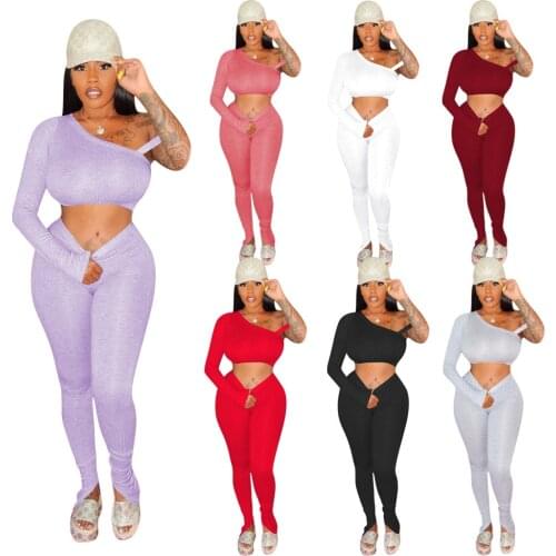 Knitted Women Set Two Pieces Set Tracksuit Skew Neck Tee Tops Flare Split Hem Jogger Sweatpant Suit Matching Set