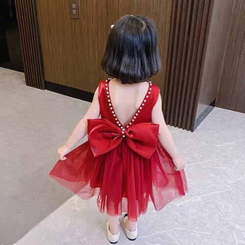 1-8Y Summer Princess Infant Baby Girls Dress Ruffles Sleeve Solid Pearl Lace Patchwork Back Bowknot Tutu Dress