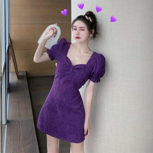 Dress Women Solid Bow Purple Sexy Square Collar A-Line Short Sleeve Empire Party Vestidos Slim Korean Style Sweet Summer Dresses