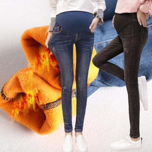 Winter Thicken Warm Plus Velvet Denim Maternity Jeans High Waist Belly Pants Clothes for Pregnant Women Pregnancy Trousers