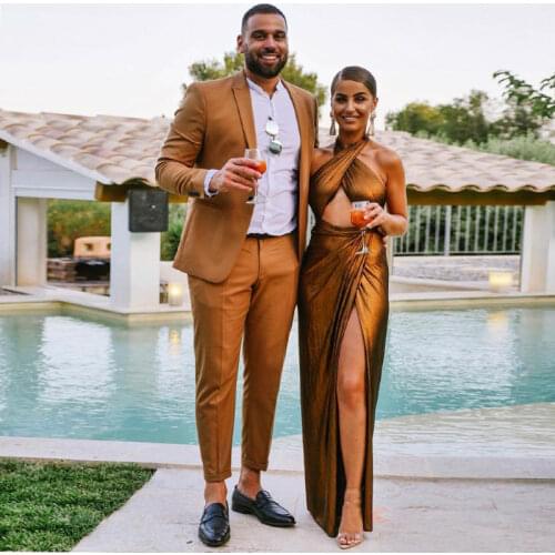 Gold One Button Men Suits Peaked Lapel Tailored Formal Tuxedos For Wedding Bridegroom Two Pieces Prom Blazers (Jacket+Pants)