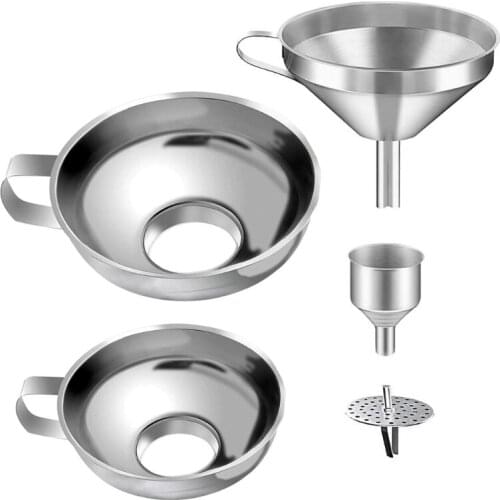 5 Pieces Stainless Steel Funnels Set for Transferring Liquid Fluid and Dry Ingredients with 1 Removable Strainer Filter Home