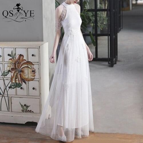 Tulle White Evening Dresses High Neck A line Prom Gown Sequin Long Party Dress Crystal Beading Straps Formal Women Lace Dress