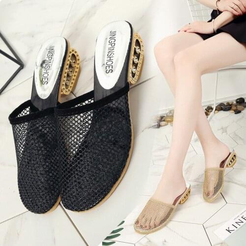 2021 new mid-heel sandals female thick heel Baotou hollow slippers breathable mesh sandals large size 43
