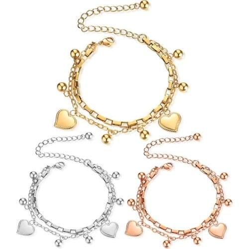 Fashion Heart Double Layer Bracelet For Adjustable Stainless Steel Chain Bead Charms Women Jewelry Gift
