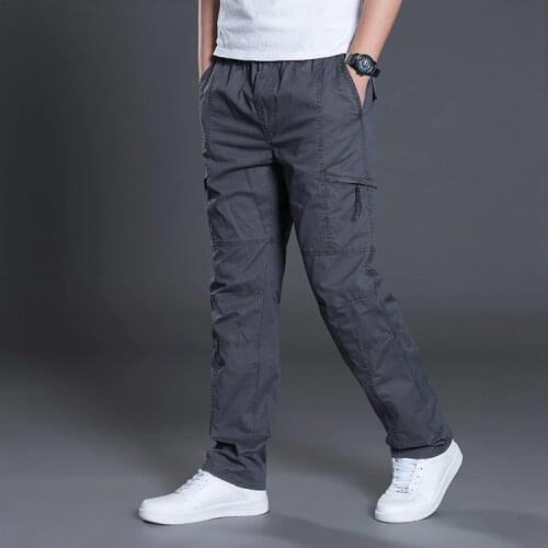Zipper Cargo Pants Men Pocket OutDoor Full Length Pants Male Summer Straight Trousers Homme Loose Cotton Casual Pants Grey