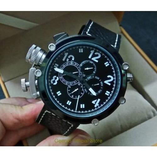 50mm GEERVO left hand crown black dial Automatic Self-Wind movement Auto Date Mens watch cow Leather strap PVD case 151A
