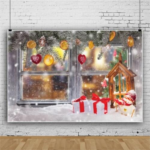 Photo Backdrops For Photography Winter Christmas Festivals Dreamy Snow Snowman Wreath Ball Windowsill Rural Kid Photo Background