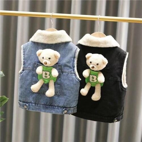 Cashmere Warm Child Waistcoat With Bear Winter Denim Coats Baby Girls Boys Vest Kids Outfits Children Outerwear For 80-130cm