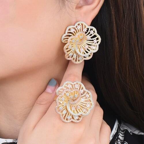 LARRAURI Fashion Hollow Bangle Ring Jewelry Sets 2019 Flower Shape Women Wedding Jewelry Sets Full Cubic Zirconia Stud Earrings