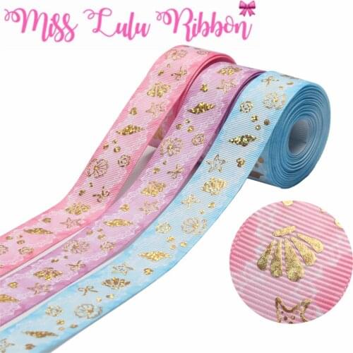 1"25mm Hologram Gold Foil Shell Starfish Bowknots Heart Printed Grosgrain Ribbon Summer DIY Hair Band Gift Packing 50yards/roll