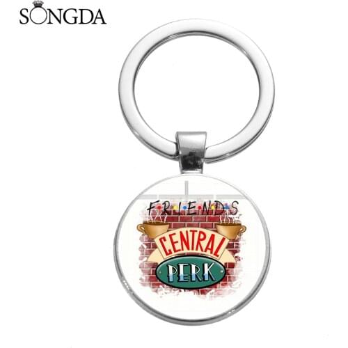 SONGDA Cute Friends TV Show Keychain Central Perk Coffee Time Monicas Door Fun Cartoon Printed Glass Art Key Chain Gift