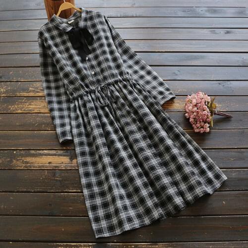 6835 Mori Girl Autumn Women Japan Style Fresh Bow Turn-down Collar Plaid Elastic Waist Dress Cotton and Linen Midi Dresses