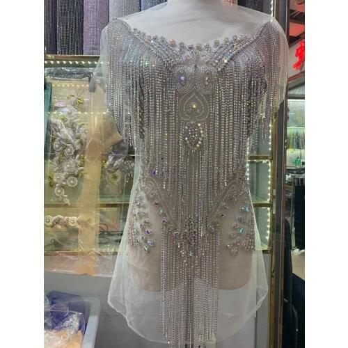 Fully Handmade Beaded Fringe necklace handmade lace tassle trim beaded feather lace appliques for wedding dresses SGTM52