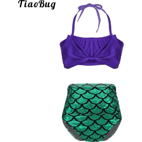 TiaoBug Summer 2Pcs Kids Girls Tankini Mermaid Fish Scales Print Swimsuit Swimwear Bathing Suit Set Halter Tops With Bottoms Set