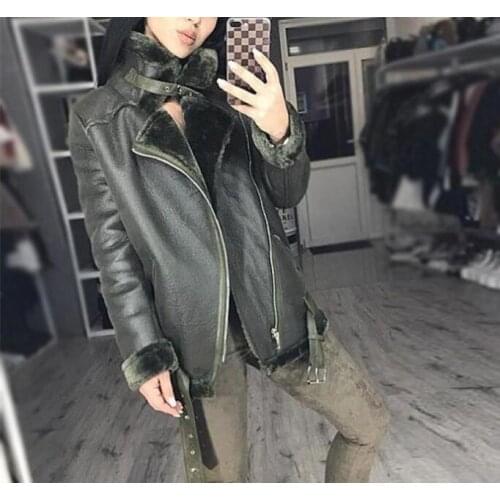Genuo New 2019 New Winter Women Sheepskin Coats Thicken Faux Leather Fur Female Coat Fur Lining Leather Jacket Aviator Jacket