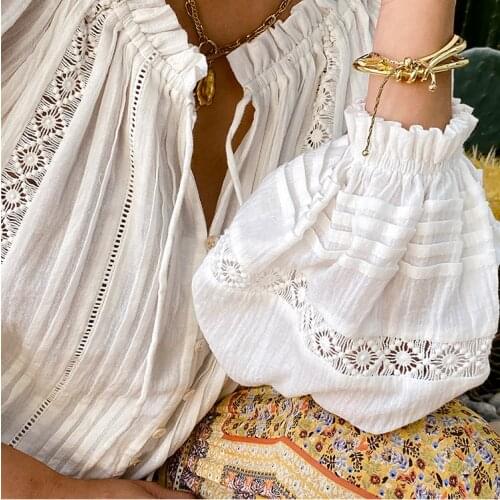 2020 Summer White Shirts for Women Holiday O-neck Long Sleeve Loose Tops Fashion Embroidery Hollow Out Casual Tops Shirts Lady