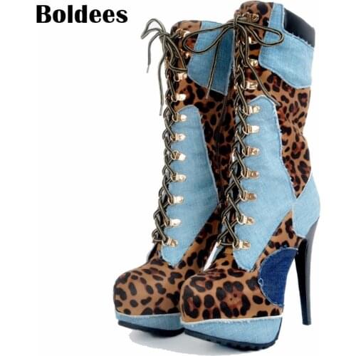 Stylish Women Lace Up Mid-Calf Boots Platform Round Toe Thin High Heels Boots Women Blue Red Shoes Woman