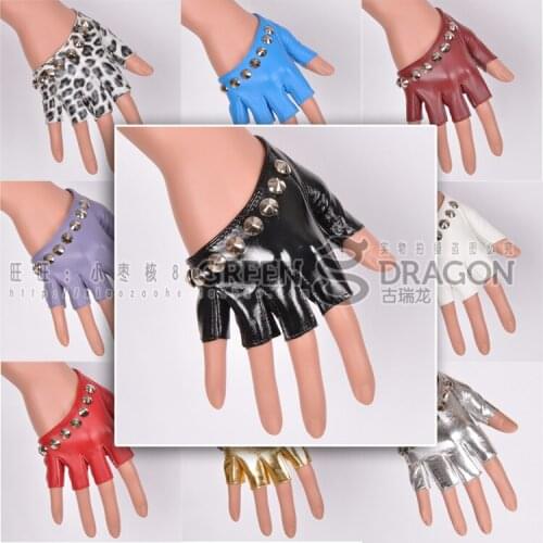 Womens fashion Leather gloves new arrival lady half palm punk rivet semi-finger gloves ds costume steel pipe jazz glove